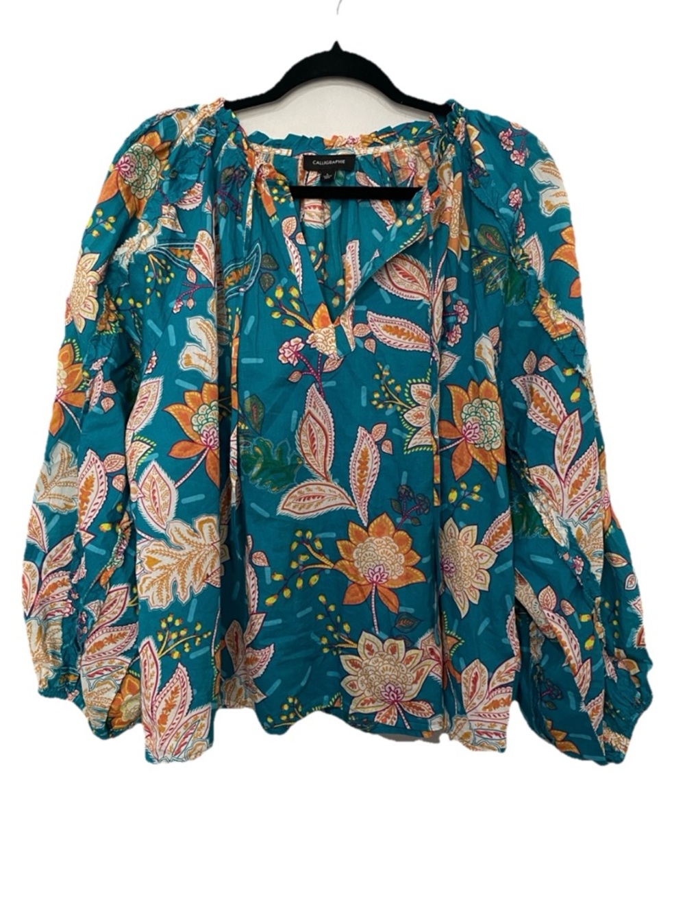 Calligraphie Teal Floral Peasant Blouse size large